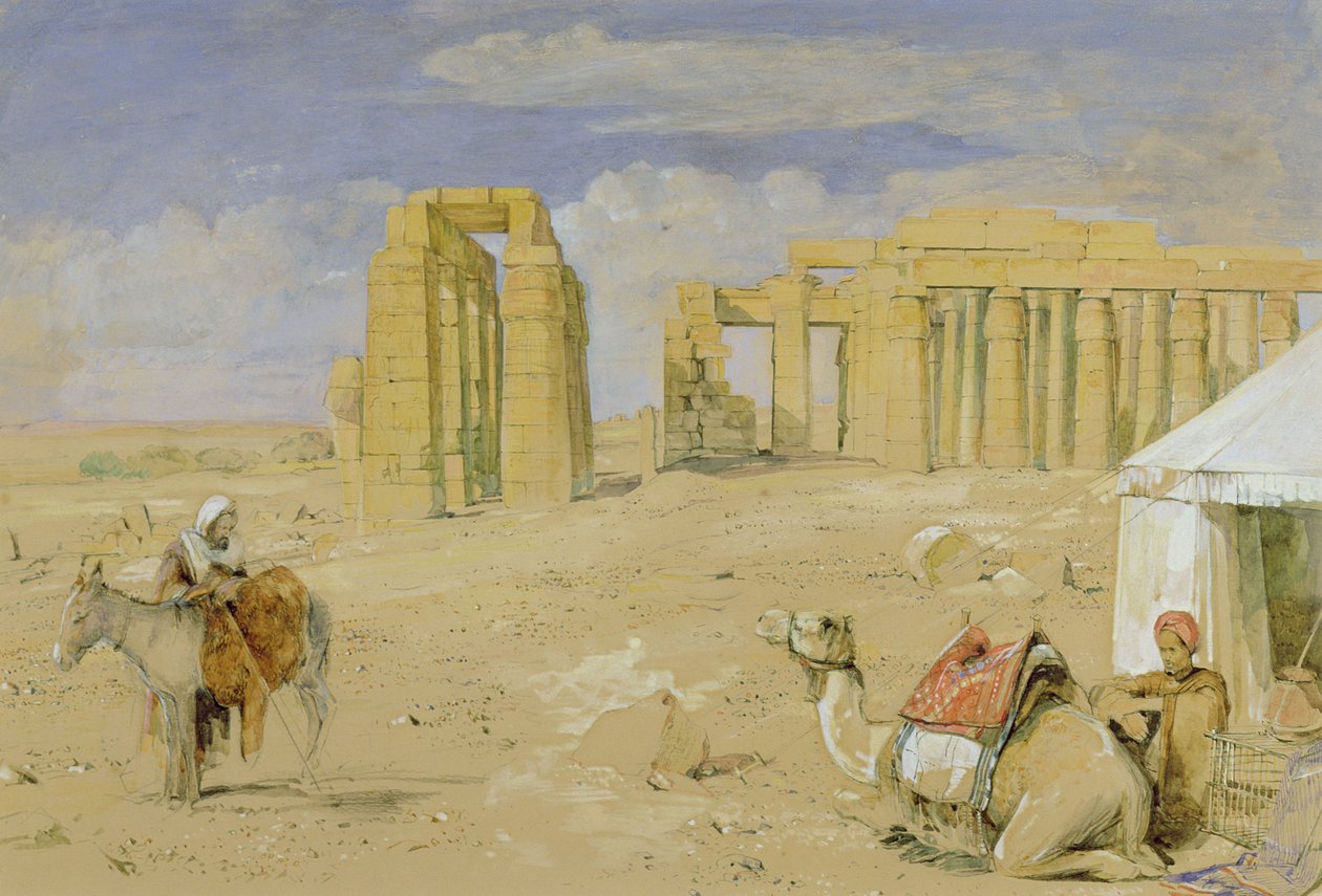 Thebesin Ramesseum, n. 1850 (akvarelli, guassi, puuhiili ja liitu paperille) tekijältä John Frederick Lewis