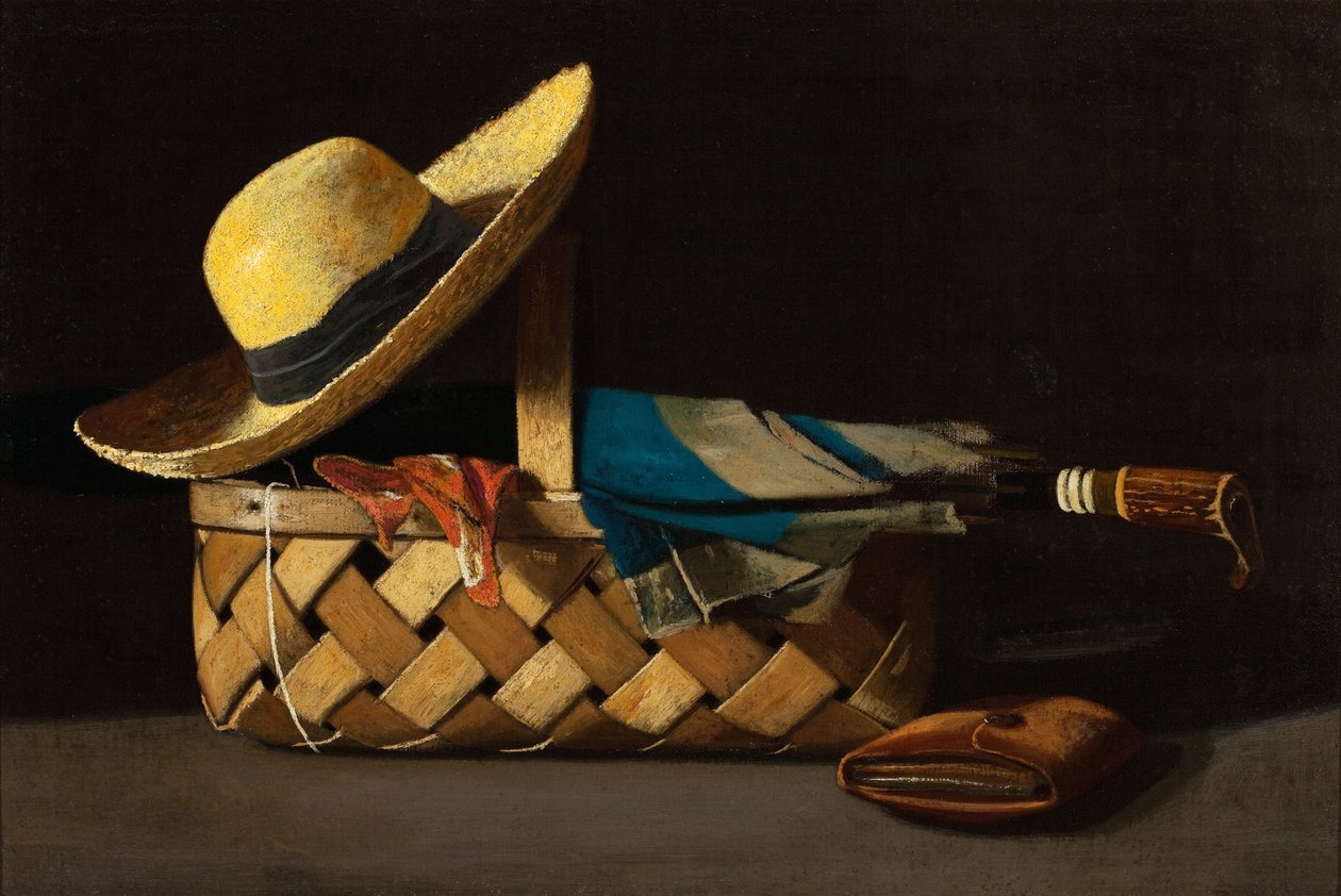 ""Markkikori, hattu ja sateenvarjo"" (Market Basket, Hat and Umbrella) Asetelma - John Frederick Peton (1854-1907) maalaus noin 1890 Yksityinen kokoelma tekijältä John Frederick Peto