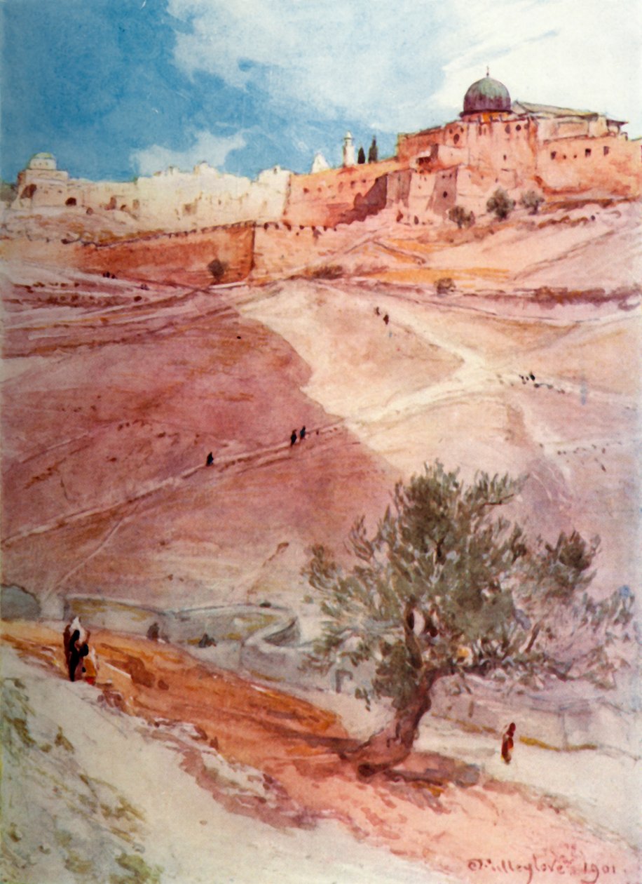 Jerusalemin etelämuuri Siloamin kylän pohjoispäästä, 1902. tekijältä John Fulleylove
