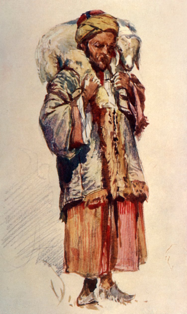 Syyrianpaimenkoira Abu Mustapha kantamassa karitsaa harteillaan, 1902. tekijältä John Fulleylove