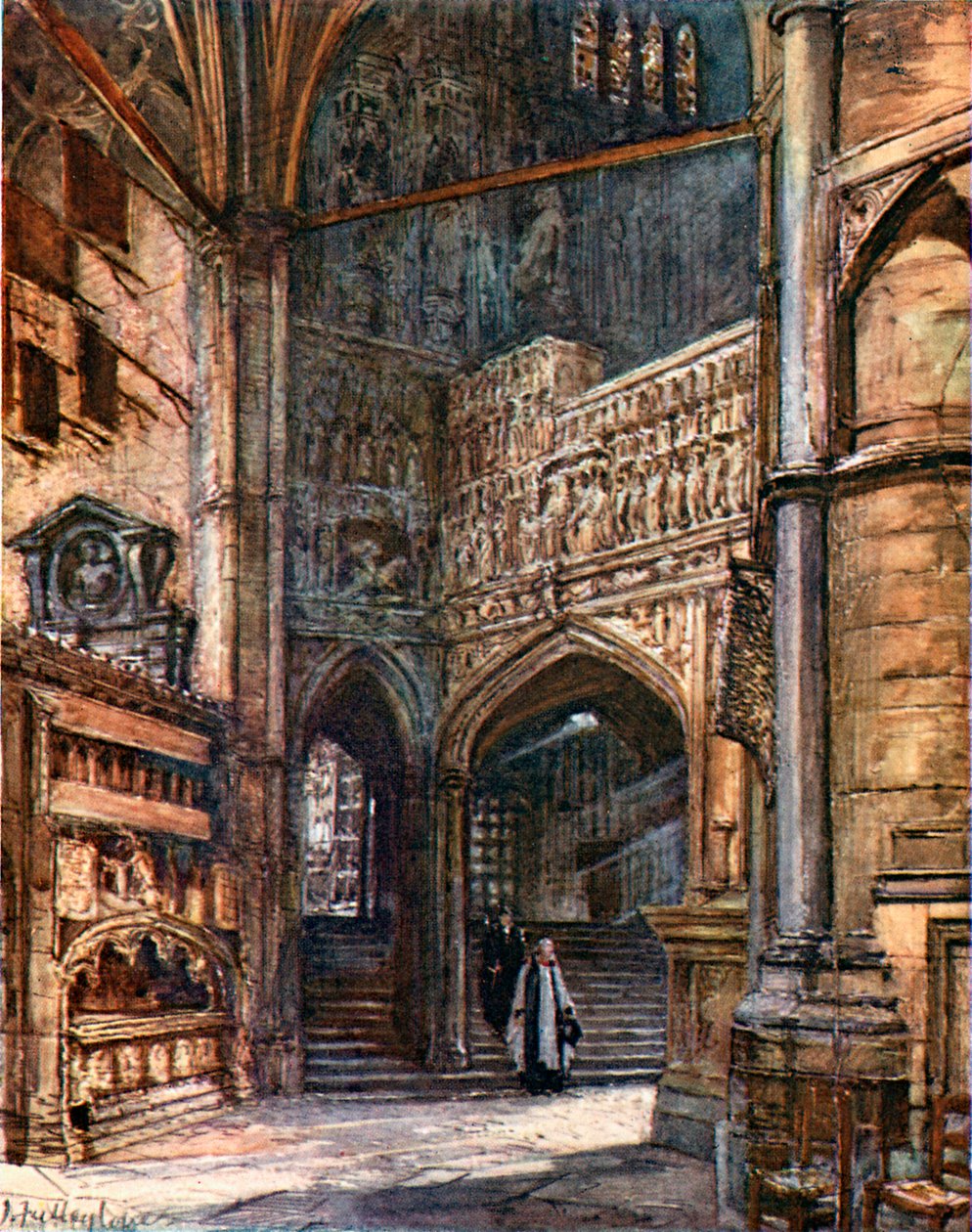 Pohjoinen ambulatorio, jossa näkyvät Henrik VII:n kappeliin johtavat portaat (värilitro). tekijältä John Fulleylove