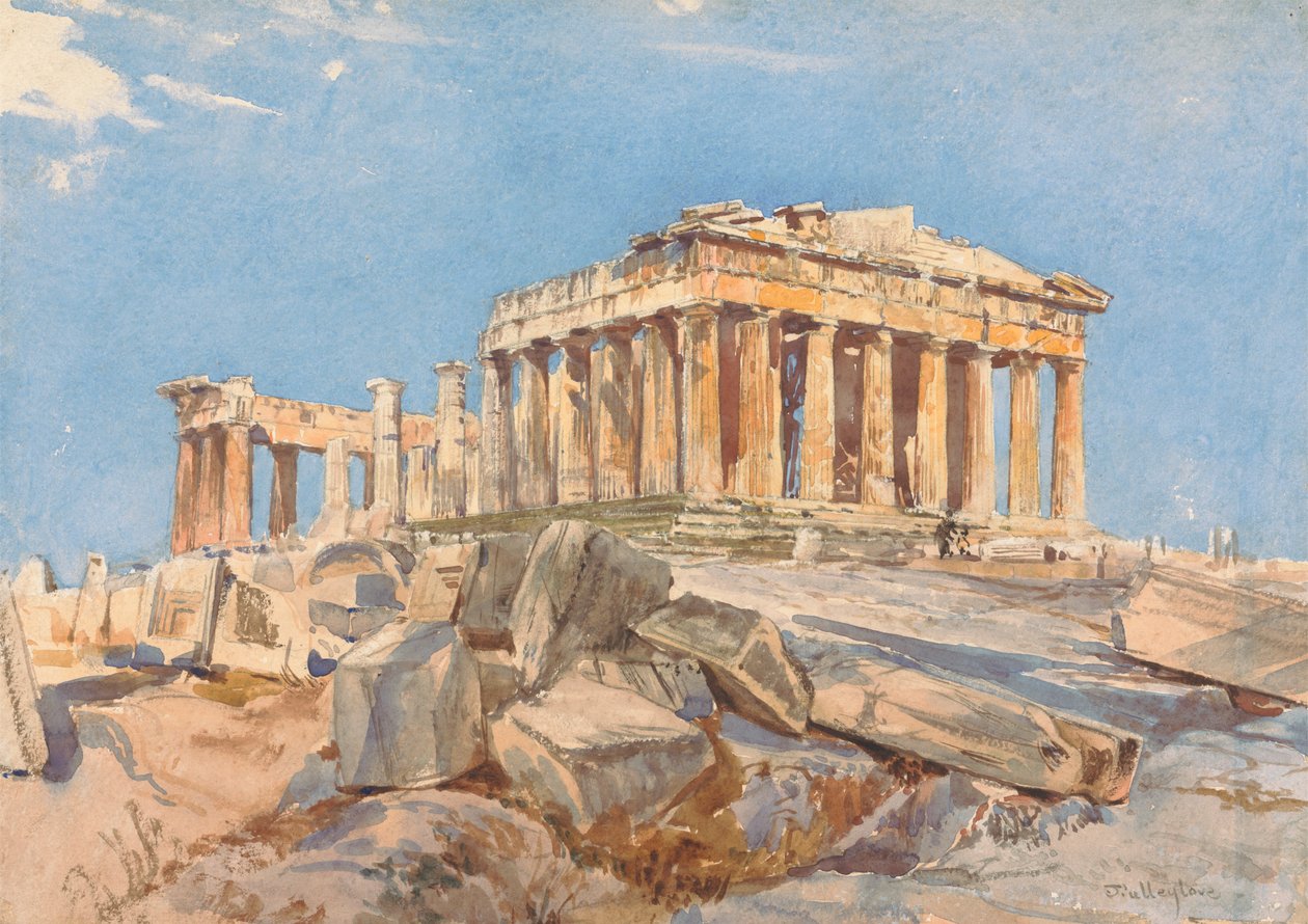 Parthenon propylien itäisen portikon pohjoispäästä, iltavalo tekijältä John Fulleylove