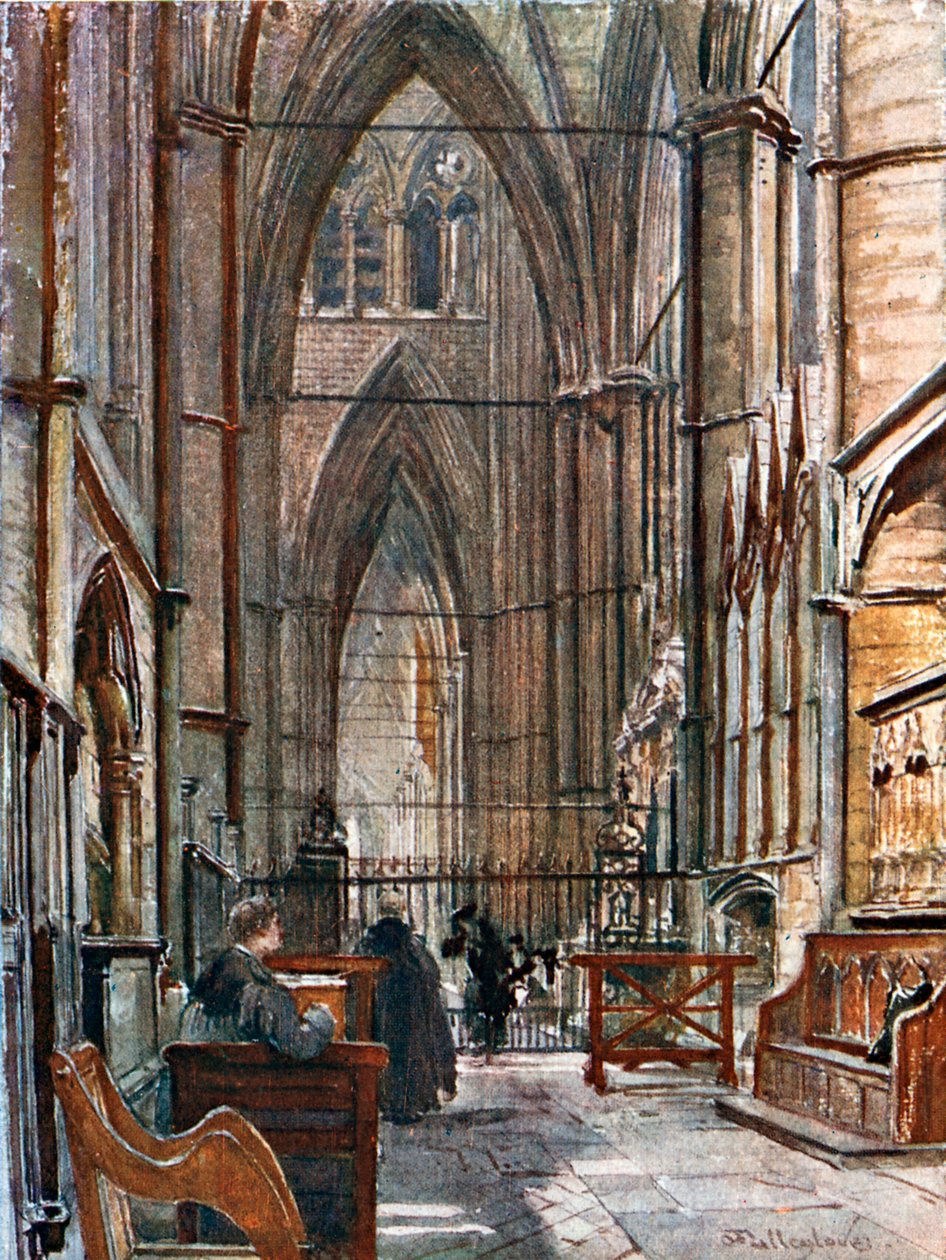 Eteläinen ambulatorio, eteläistä kuorikäytävää länteen päin (värilitografia). tekijältä John Fulleylove