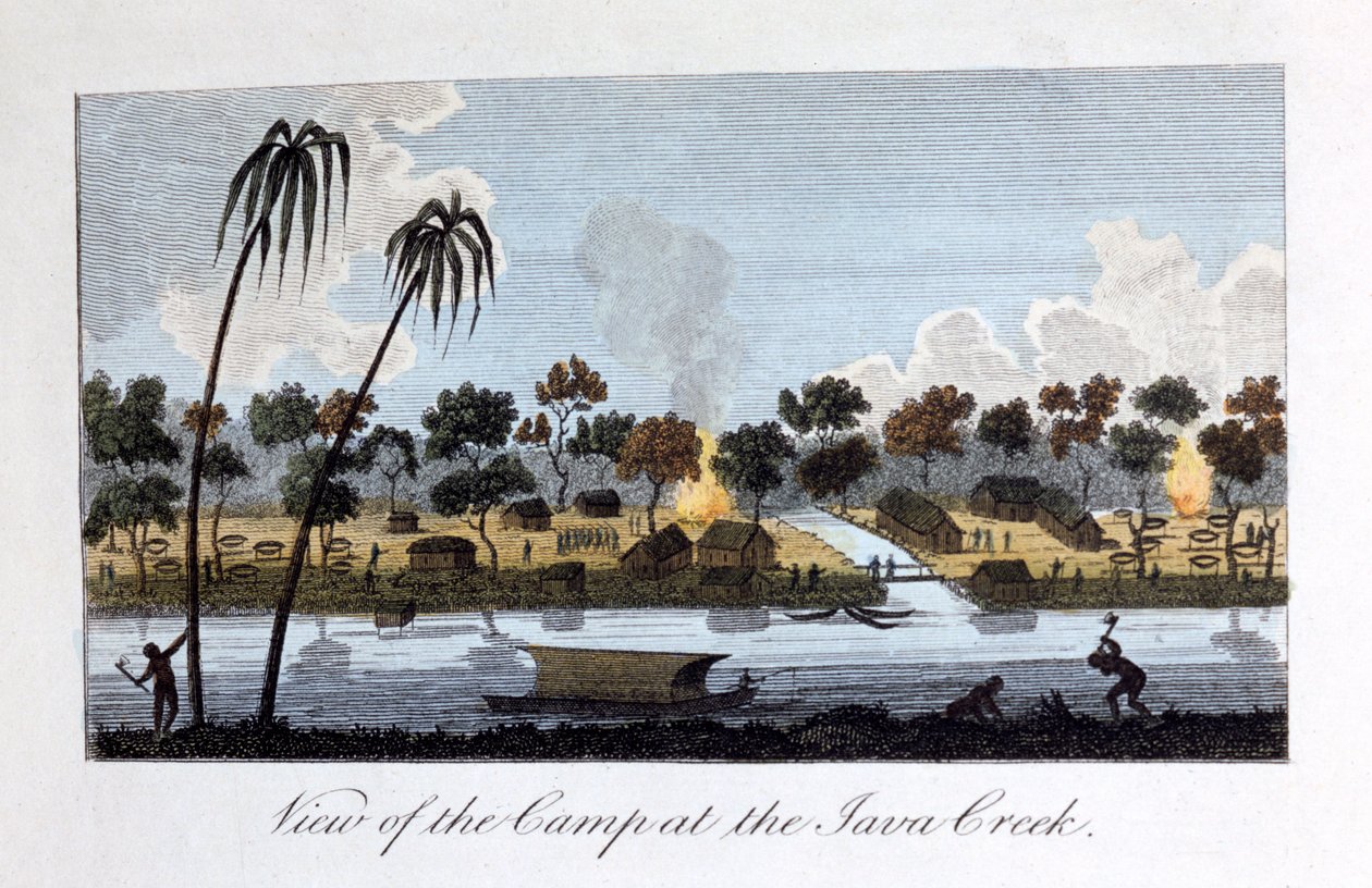 Näkymä leiristä Java Creekin luona, 1813 tekijältä John Gabriel Stedman