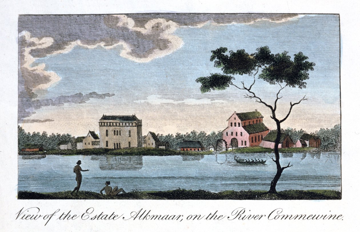 Näkymä Alkmaarin kartanolle, Commewine-joelle, 1813 tekijältä John Gabriel Stedman
