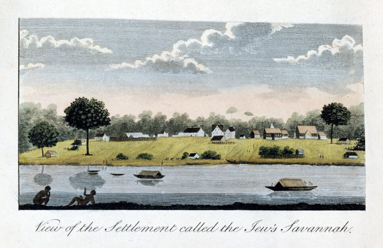 Näkymä siirtokunnalle nimeltä Juutalaisten Savanna, 1813 tekijältä John Gabriel Stedman