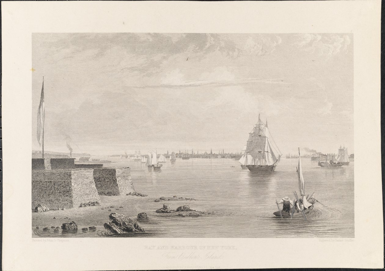 Bay and Harbour of New York Bedlonin [Bedloen] saarelta, kaiverrus James Smillie, n. 1840 (kaiverrus) tekijältä John Gadsby Chapman