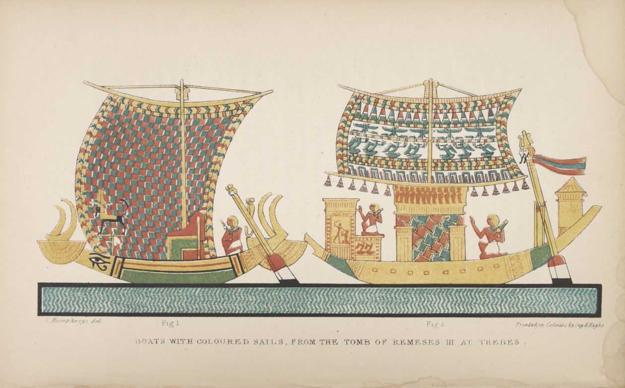 Veneitä värillisillä purjeilla, Thebassa sijaitsevasta Remeses III:n haudasta, kuvitus teoksesta "Muinaisten egyptiläisten tavat ja tavat...", 1837-41 tekijältä John Gardner Wilkinson