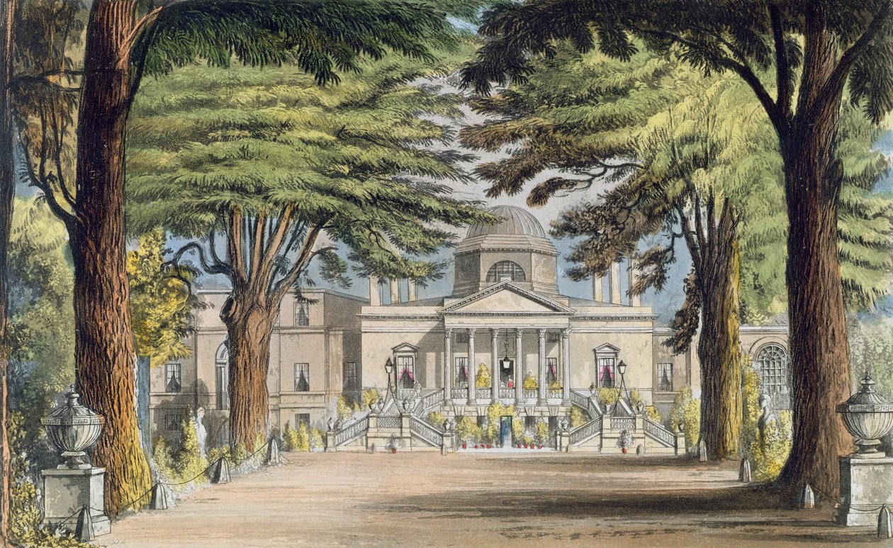 Chiswick Housen pääedusta, R. Ackermannin (1764-1834) "Taidevarasto", julkaistu vuonna 1823 (värikaiverrus) tekijältä John Gendall