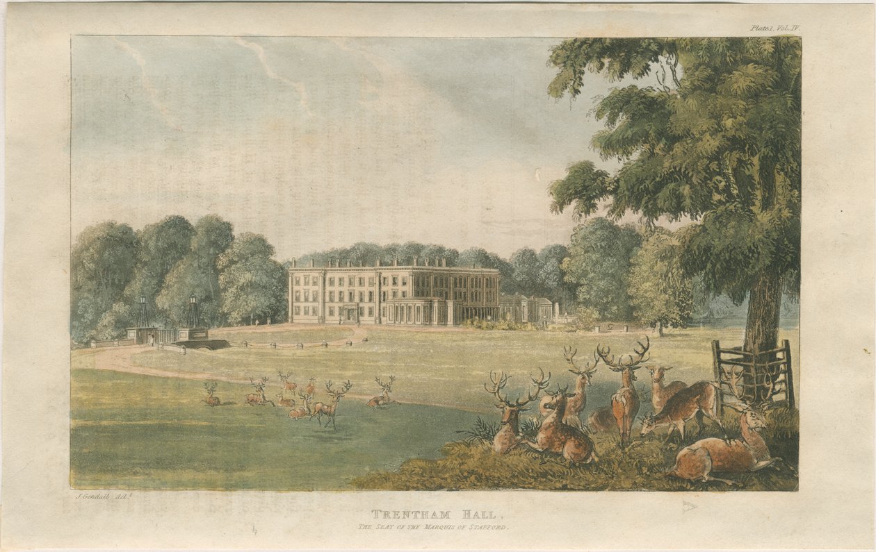 Trentham Hall: värillinen litografia, nd [c 1824] (painettu) tekijältä John Gendall