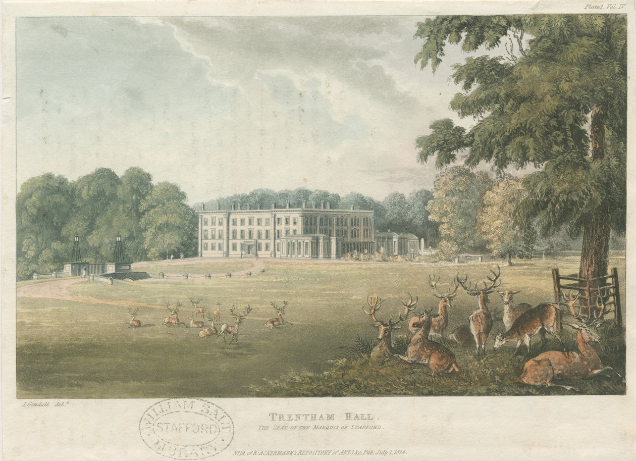 Trentham Hall: värillinen litografia, nd [c 1824] (painettu) tekijältä John Gendall
