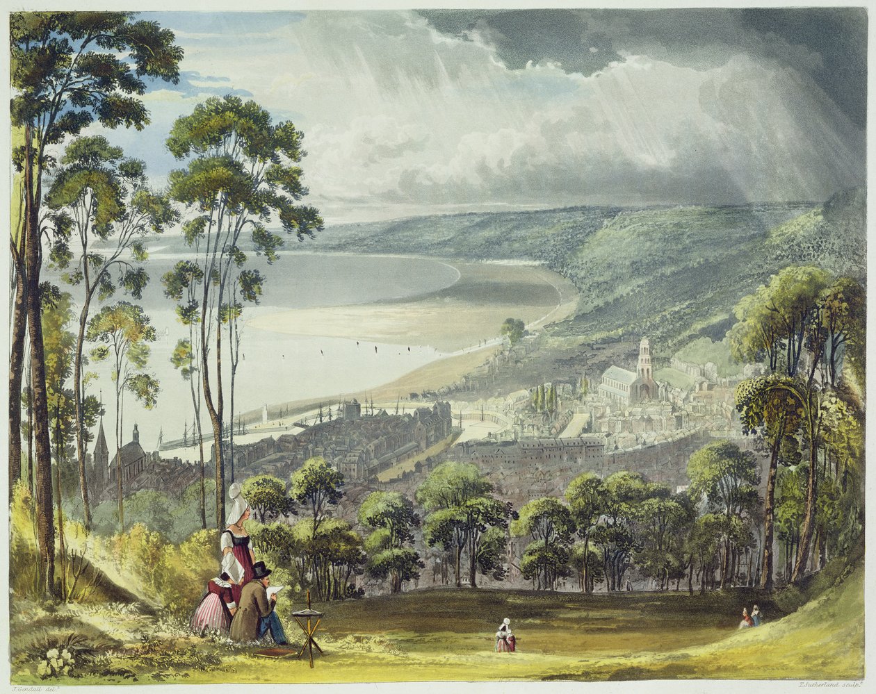 Näkymä Honfleurista, Thomas Sutherlandin (s.1785) kaiverruksesta "Views on the Seine", jonka julkaisi R. Ackermann (1764-1834) 1821. tekijältä John Gendall