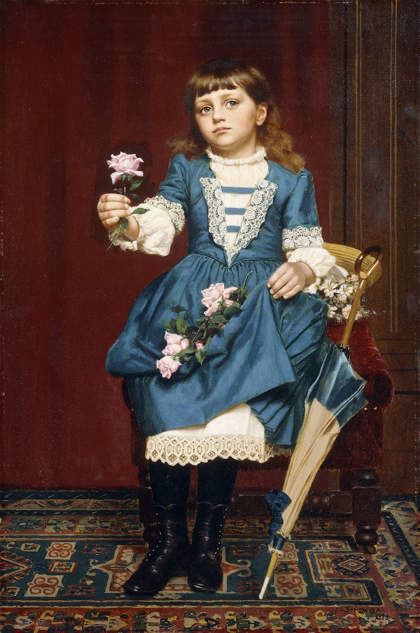 Daisy McComb pitelee vaaleanpunaista ruusua, 1888 tekijältä John George Brown