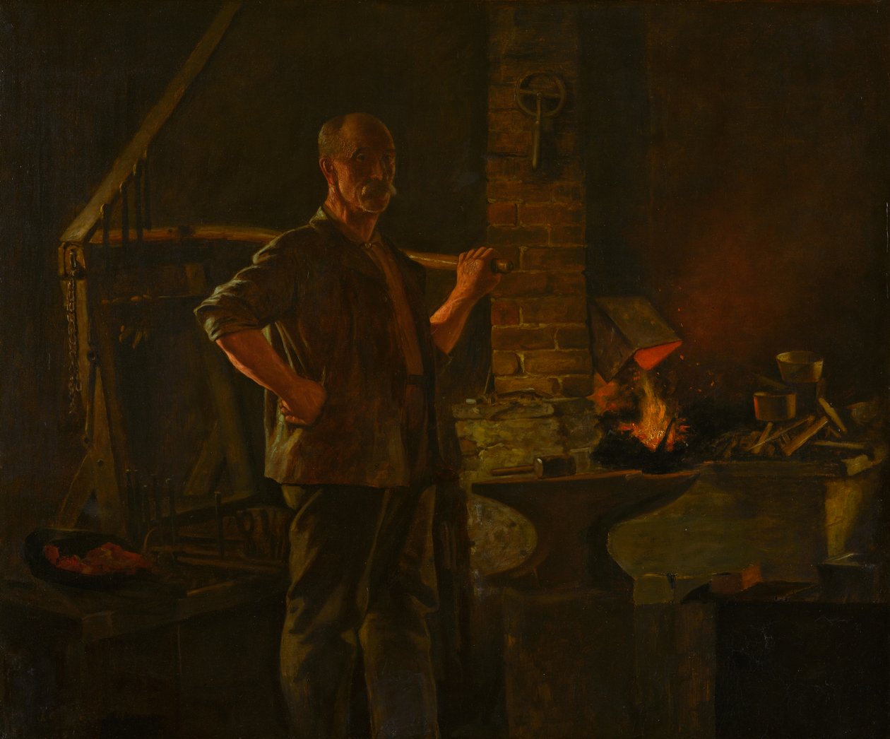 The Village Smith, n. 1900 (öljy kankaalle) tekijältä John George Brown