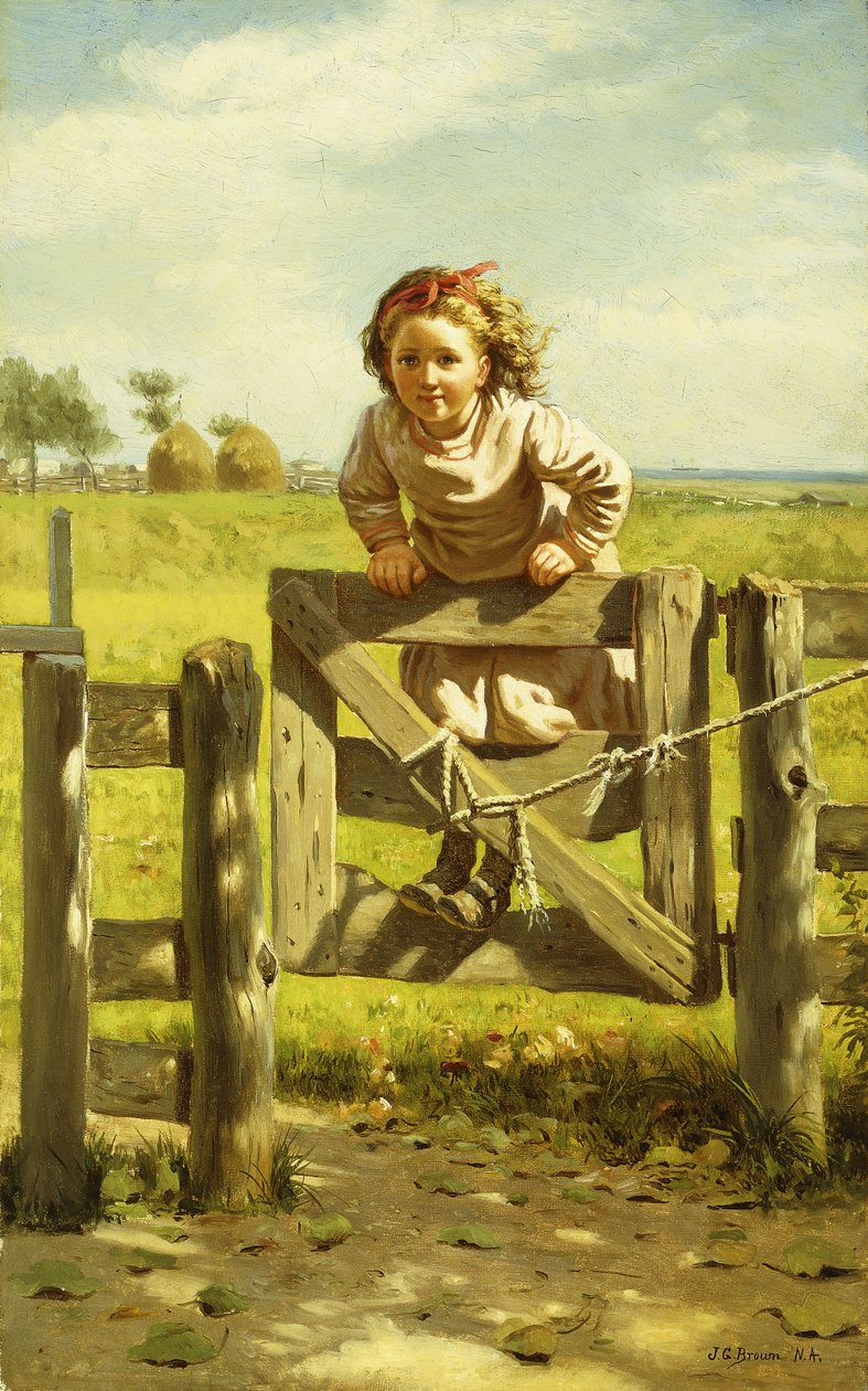 Nuori tyttö heilumassa portilla, tekijältä John George Brown