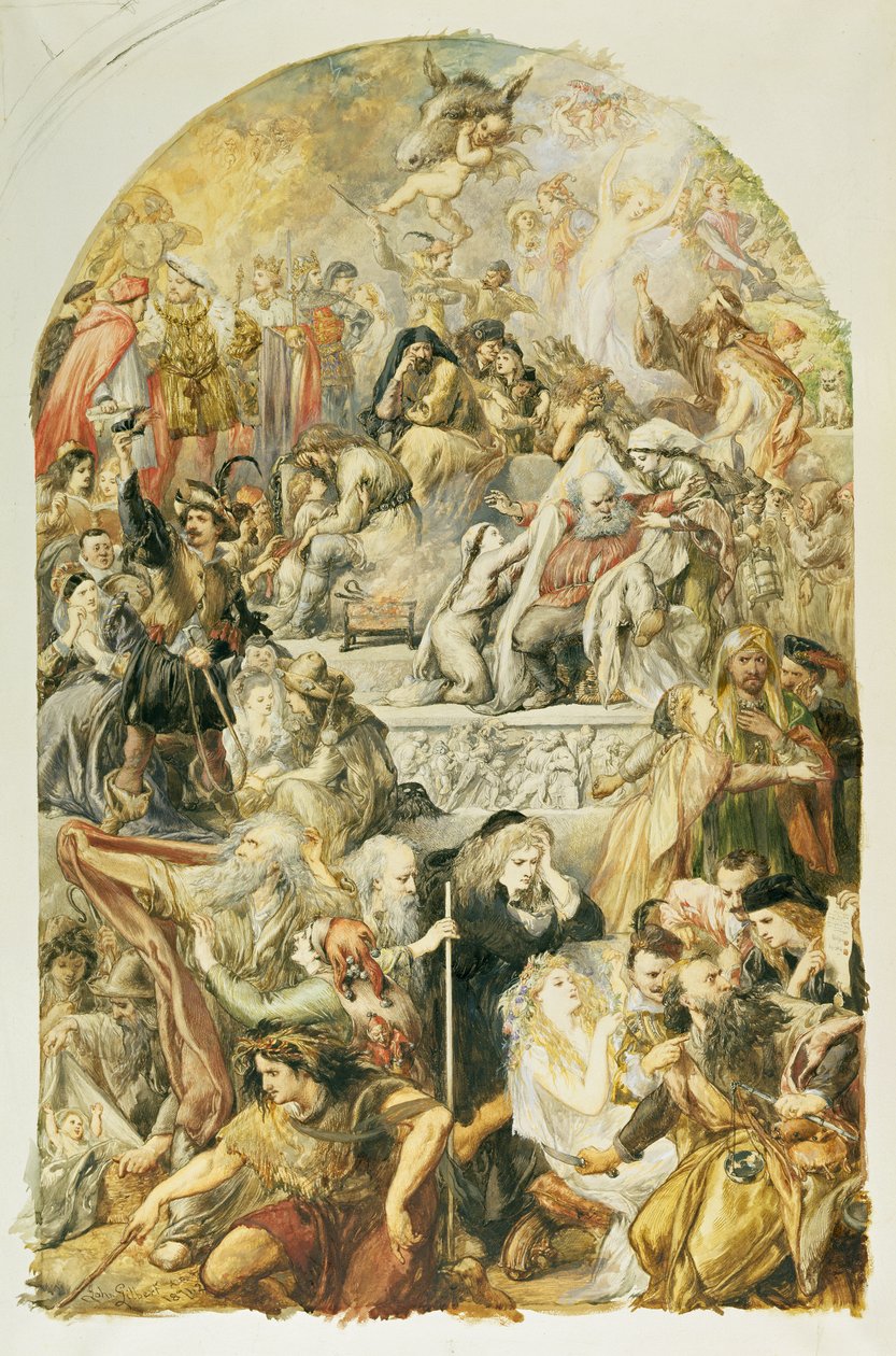 Shakespearen hahmojen apoteoosi, 1871 (wc ja vartaloväri grafiitin päällä kiinnitetyllä paperilla) tekijältä John Gilbert