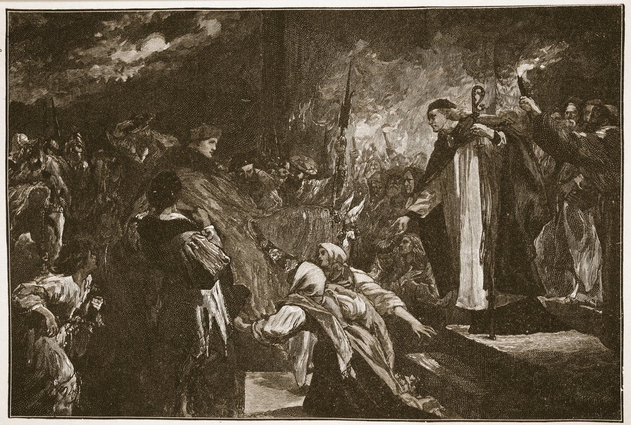 Kardinaali Wolsey Leicester Abbeyssa, kuvitus teoksesta "The Church of England: A History for the People", kirjoittanut H.D.M. Spence-Jones, pubi. n. 1910 (seepiavalokuva) tekijältä John Gilbert