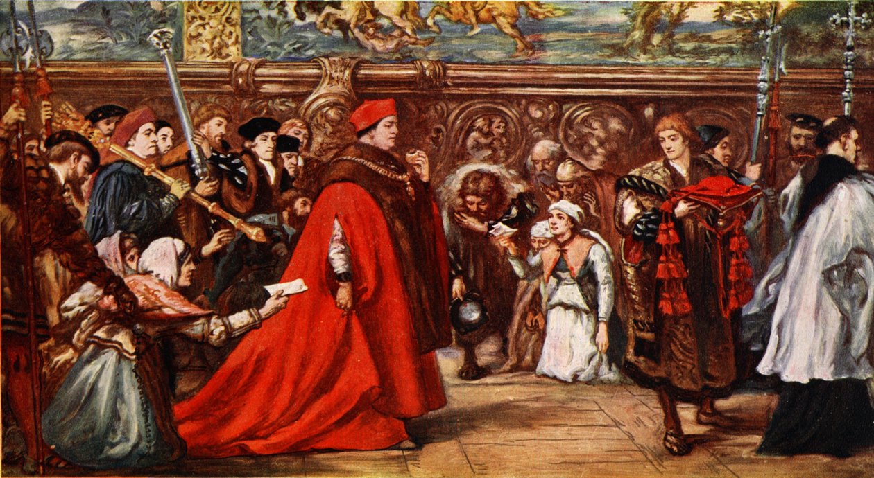 Kardinaali Wolsey matkalla Westminster Halliin, kuva "Hutchinsonin tarinasta brittiläisestä kansasta", n. 1923 tekijältä John Gilbert