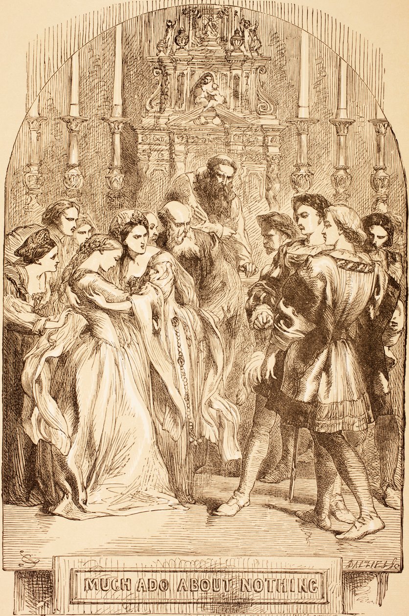 Kuvitus paljon melua tyhjästä, julkaisusta "The Illustrated Library Shakespeare", julkaistu Lontoossa 1890 tekijältä John Gilbert