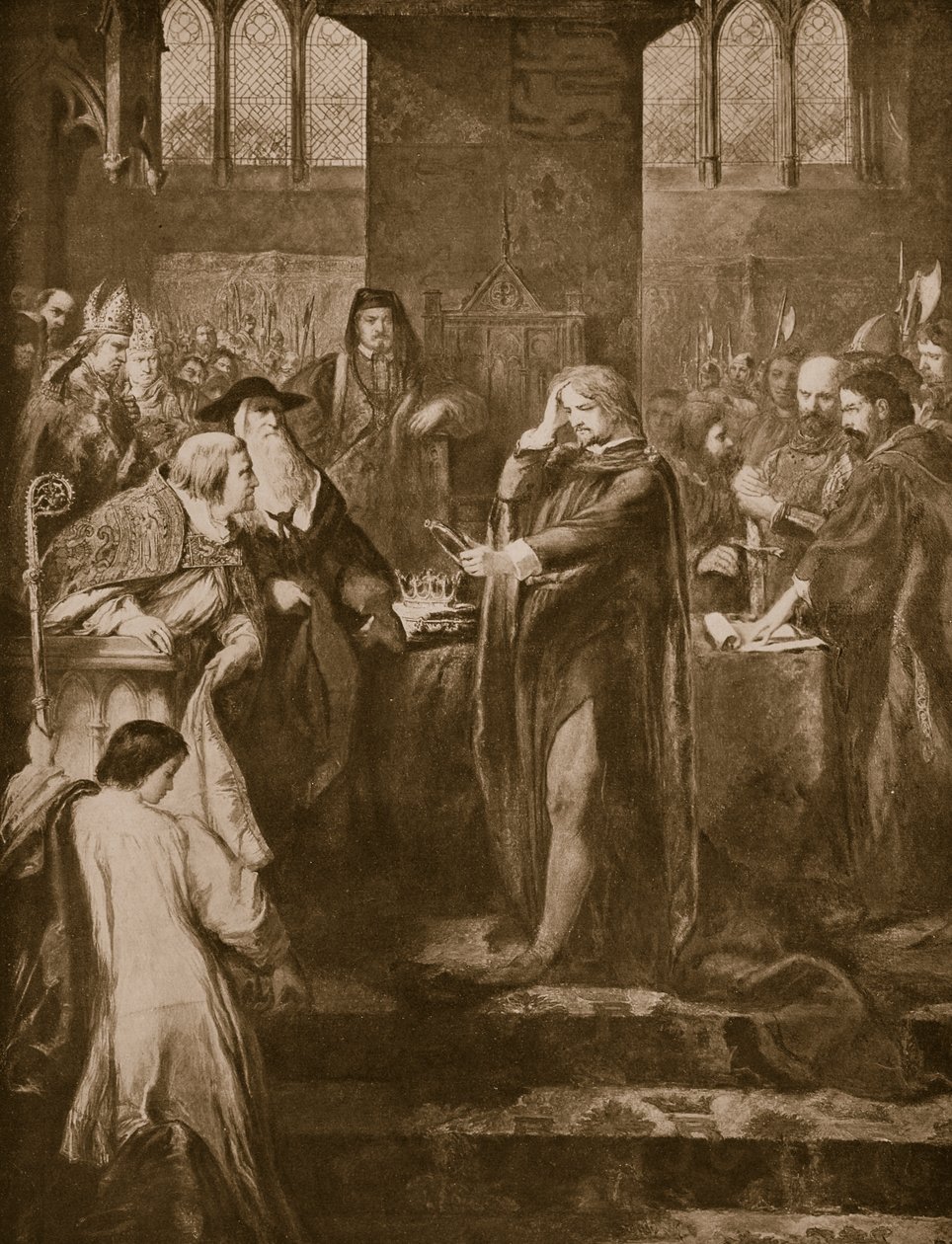 Kuningas Richard II luopumassa kruunusta serkkulleen Bolingbrokelle, kuvitus "Hutchinsonin tarinasta brittiläisestä kansasta", n. 1920 tekijältä John Gilbert