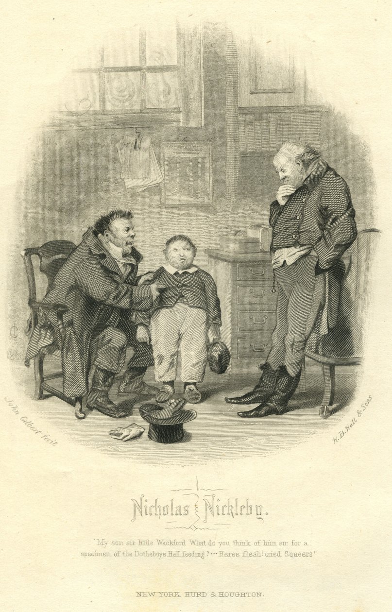 Nicholas Nickleby: Wackford Squeers ja Young Wackford Squeers, kaiverrus H.B. Hall und Sons, 1867 tekijältä John Gilbert