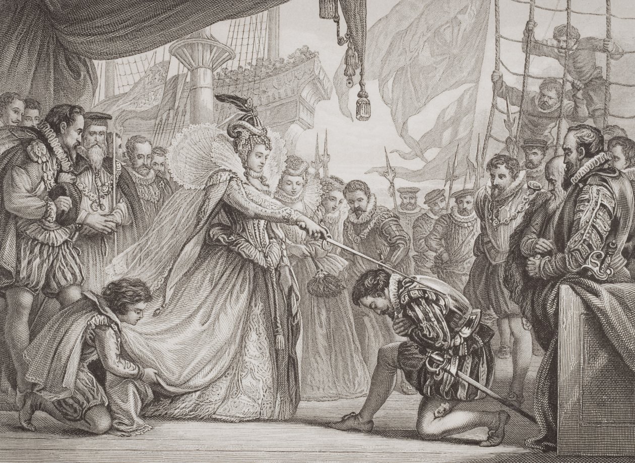 Kuningatar Elisabeth I (1530-1603) tekee ritariksi Francis Draken (1540-96) Englannin ja Skotlannin historian kuvituksista I osasta tekijältä John Gilbert