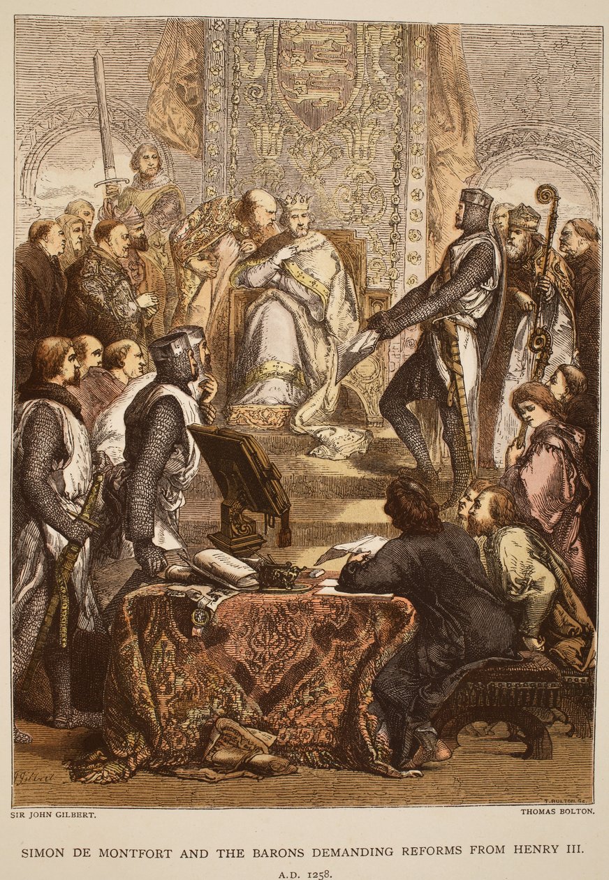 Simon de Montfort ja paronit vaativat uudistuksia Henrik III:lta, 1258, kaiverrus Thomas Bolton tekijältä John Gilbert