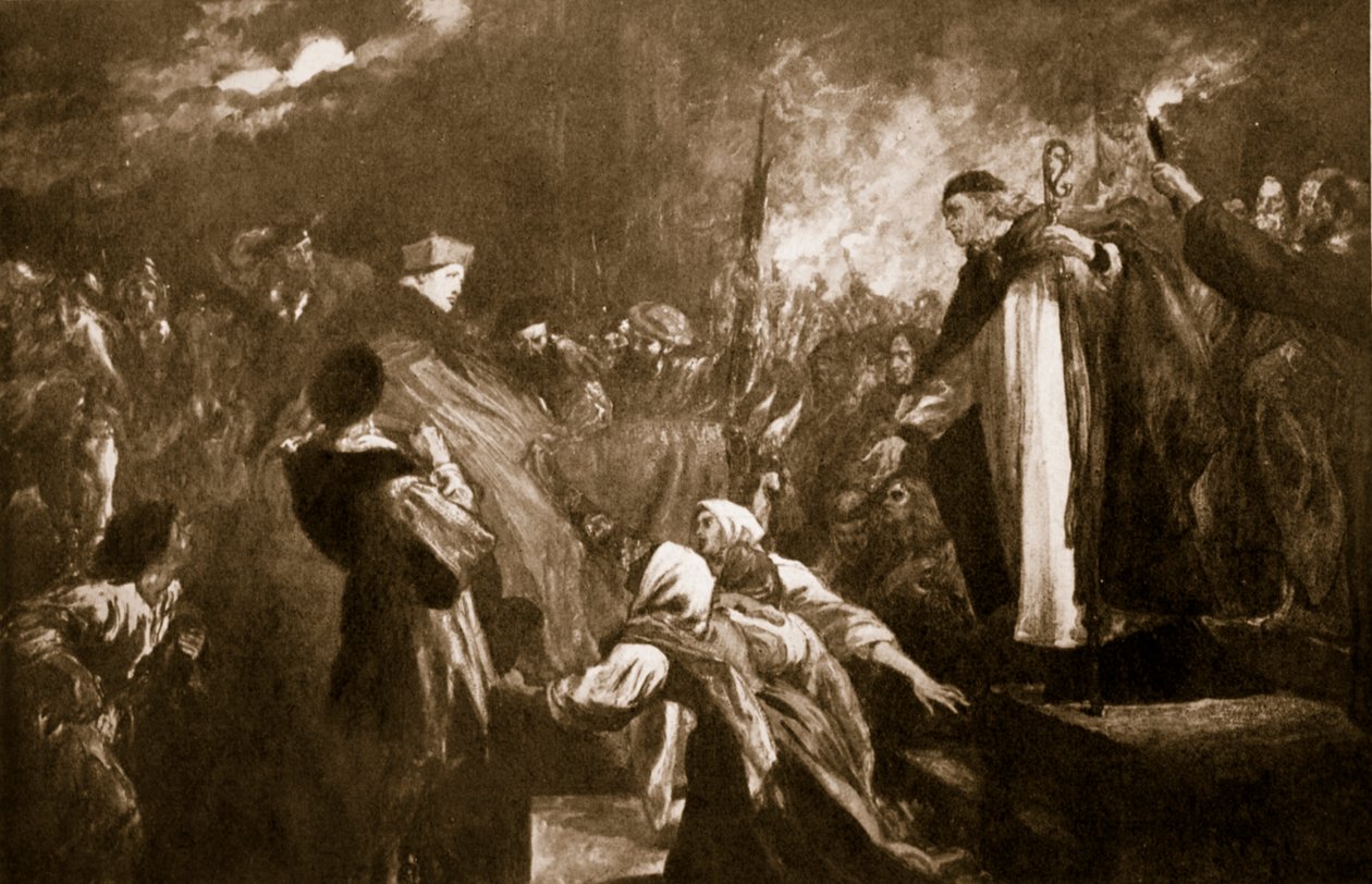 Kardinaali Wolseyn saapuminen Leicester Abbeyyn, 1530, kuvitus Hutchinsonin kirjasta "Story of the British Nation", n. 1920 tekijältä John Gilbert