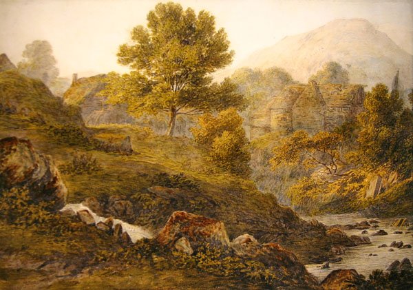 Mountain Farmstead (akvarelli paperille) tekijältä John Glover
