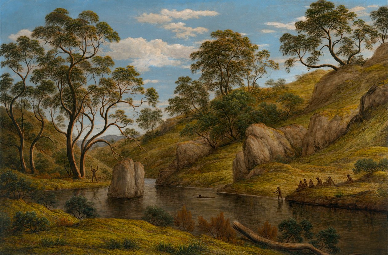 ""Diane au bain, Terre de Van Diemen (Tasmanie)"" (El bany de Diana - Terra de Van Diemen) Peinture de John Glover (1767-1849) - 1837 - Oli sobre tela Dim 96,5x134,5 cm National Gallery of Austràlia, Canberrafinnish tekijältä John Glover