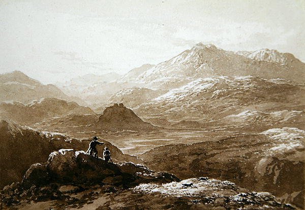 Dolwyddelanin linna ja Moel Siabod (akvarelli paperille) tekijältä John Glover