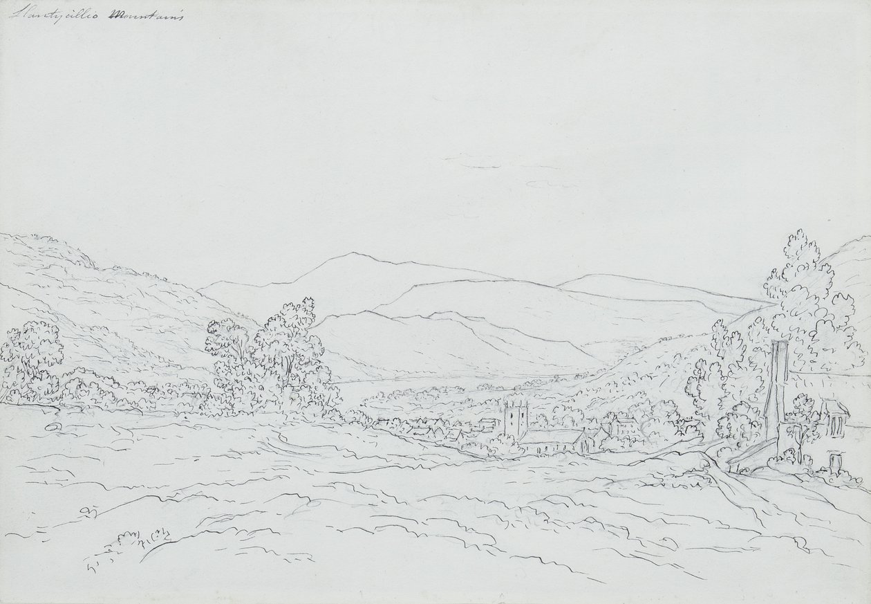 Llantysilio Mountain, Wales (lyijykynä, tussi ja muste paperille) tekijältä John Glover