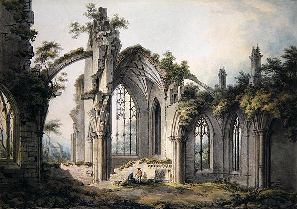 Melrose Abbey (akvarelli paperille) tekijältä John Glover