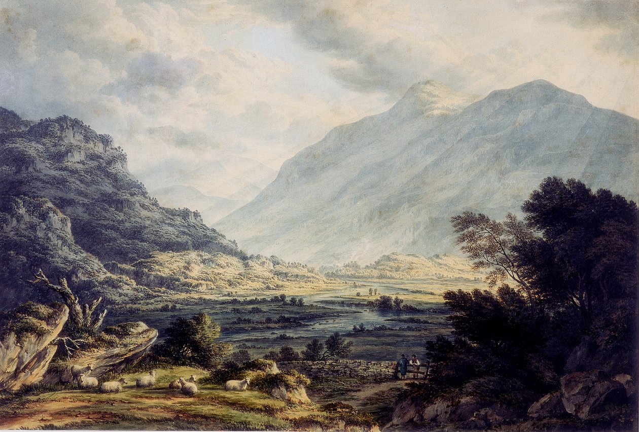 Lähellä Capel Curigia, josta on näkymät Mount Snowdonille, Walesissa, noin 1793-1830 (akvarelli) tekijältä John Glover