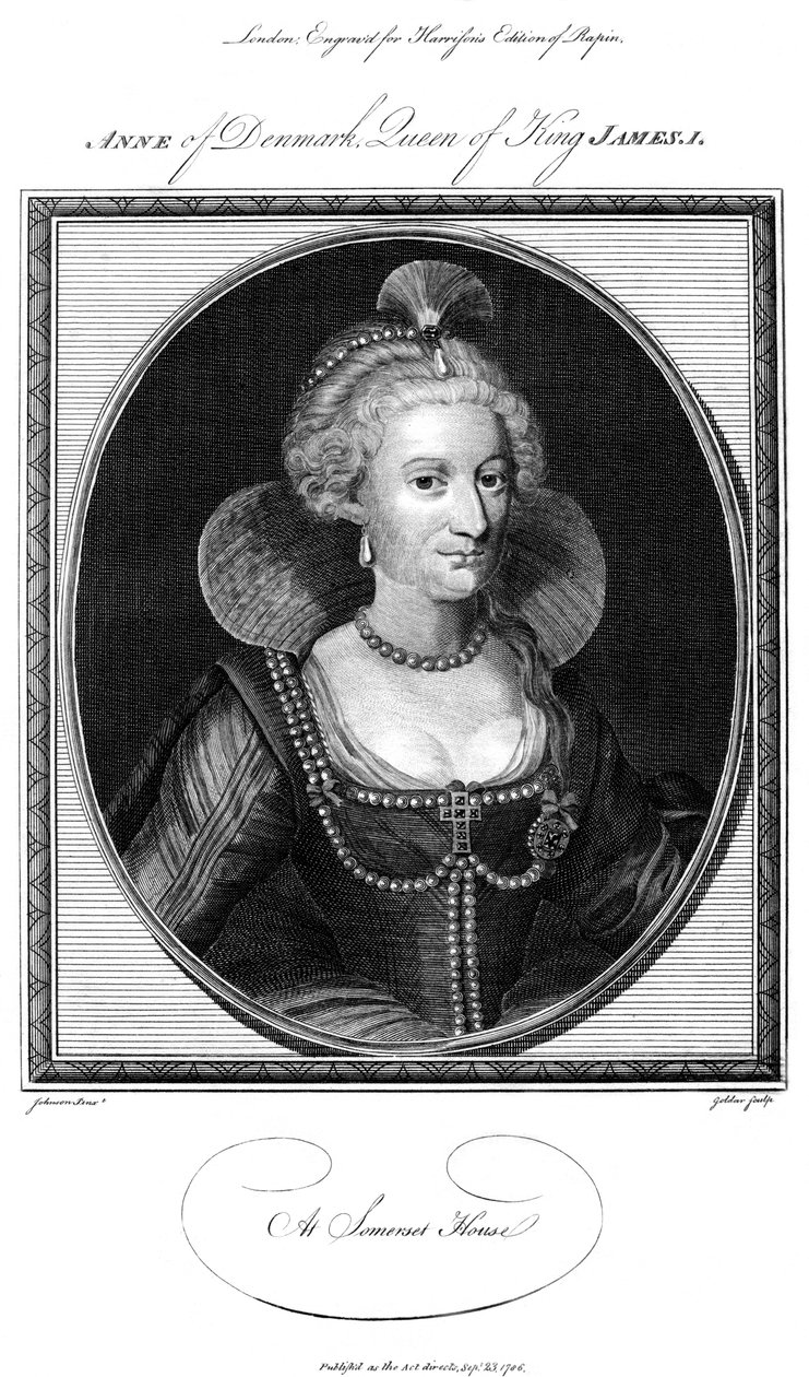 Anna Tanskan 1574-1619, kuningas Jaakob I:n kuningatar puoliso, 1786. tekijältä John Goldar