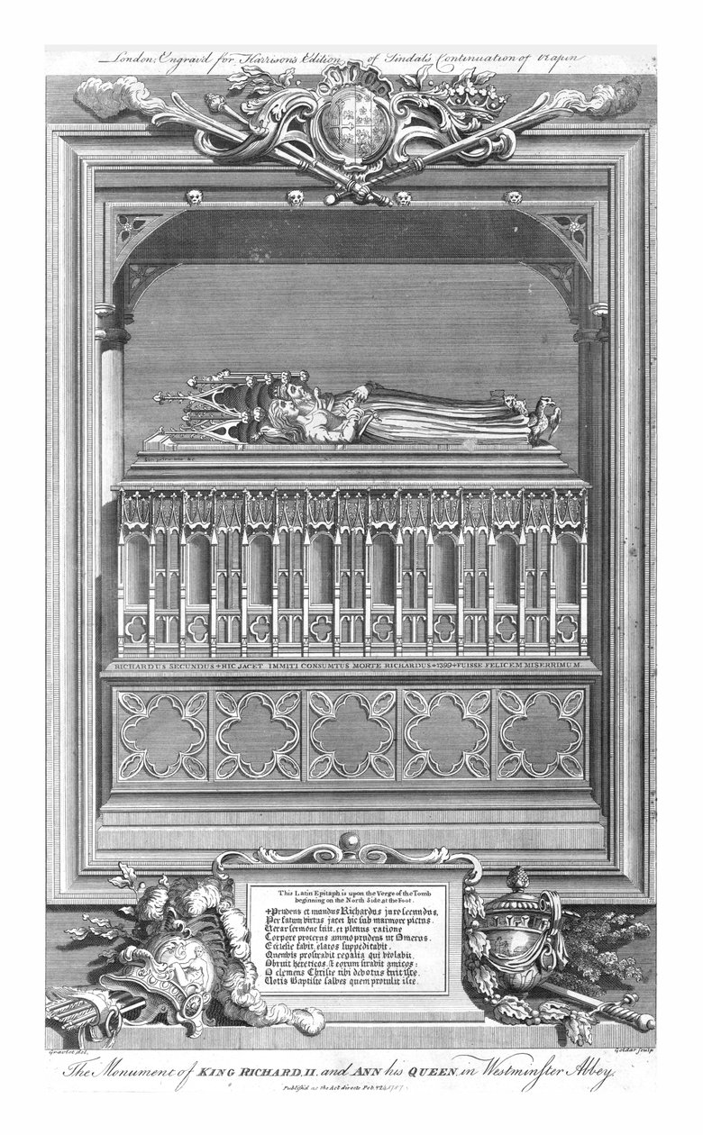 Kuningas Richard II:n muistomerkki. ja Ann hänen kuningattarensa Westminster Abbeyssa 1700-luvun puolivälissä. tekijältä John Goldar
