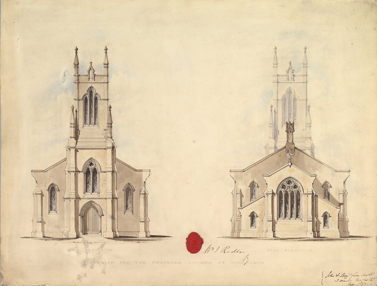 Suunnitelma ehdotettuun kirkkoon Middlesboroughissa, 1837 tekijältä John Greenwood