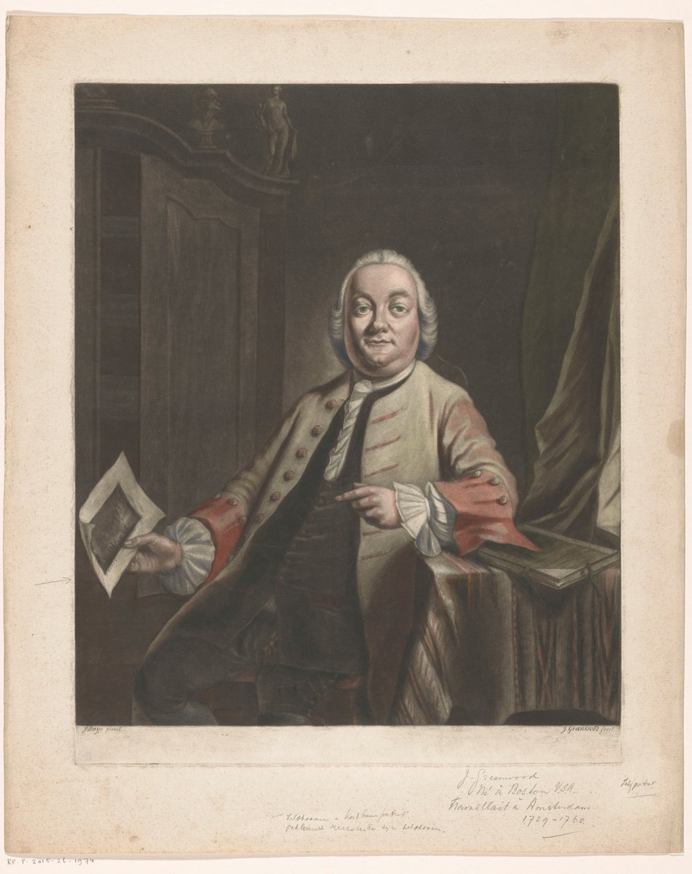 Muotokuva Simon Fokkesta kädessään Gerrit Hagedoorenin talon ryöstöjäte, 1751 tekijältä John Greenwood