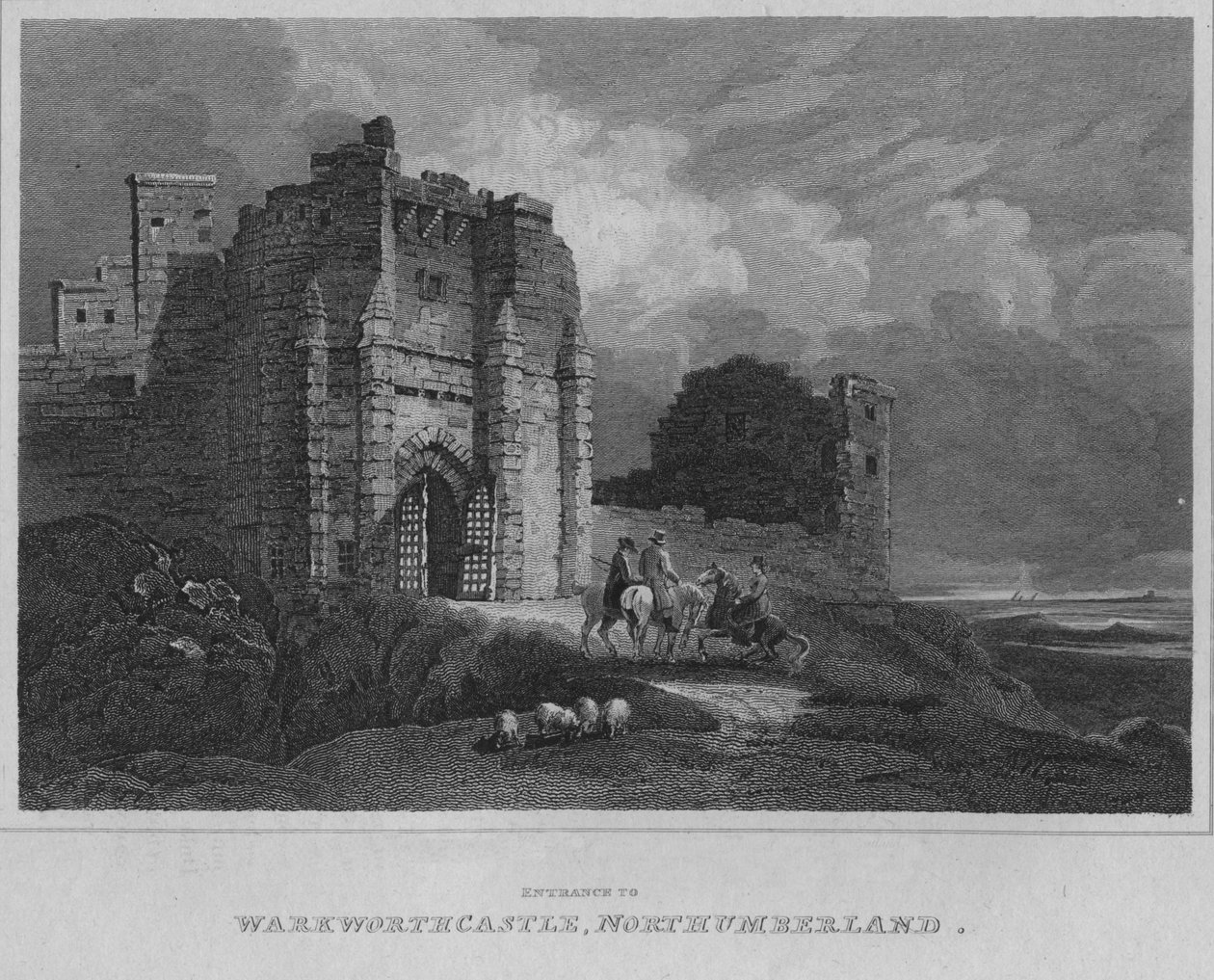 Sisäänkäynti Warkworthin linnaan, Northumberlandiin, 1814 tekijältä John Greig