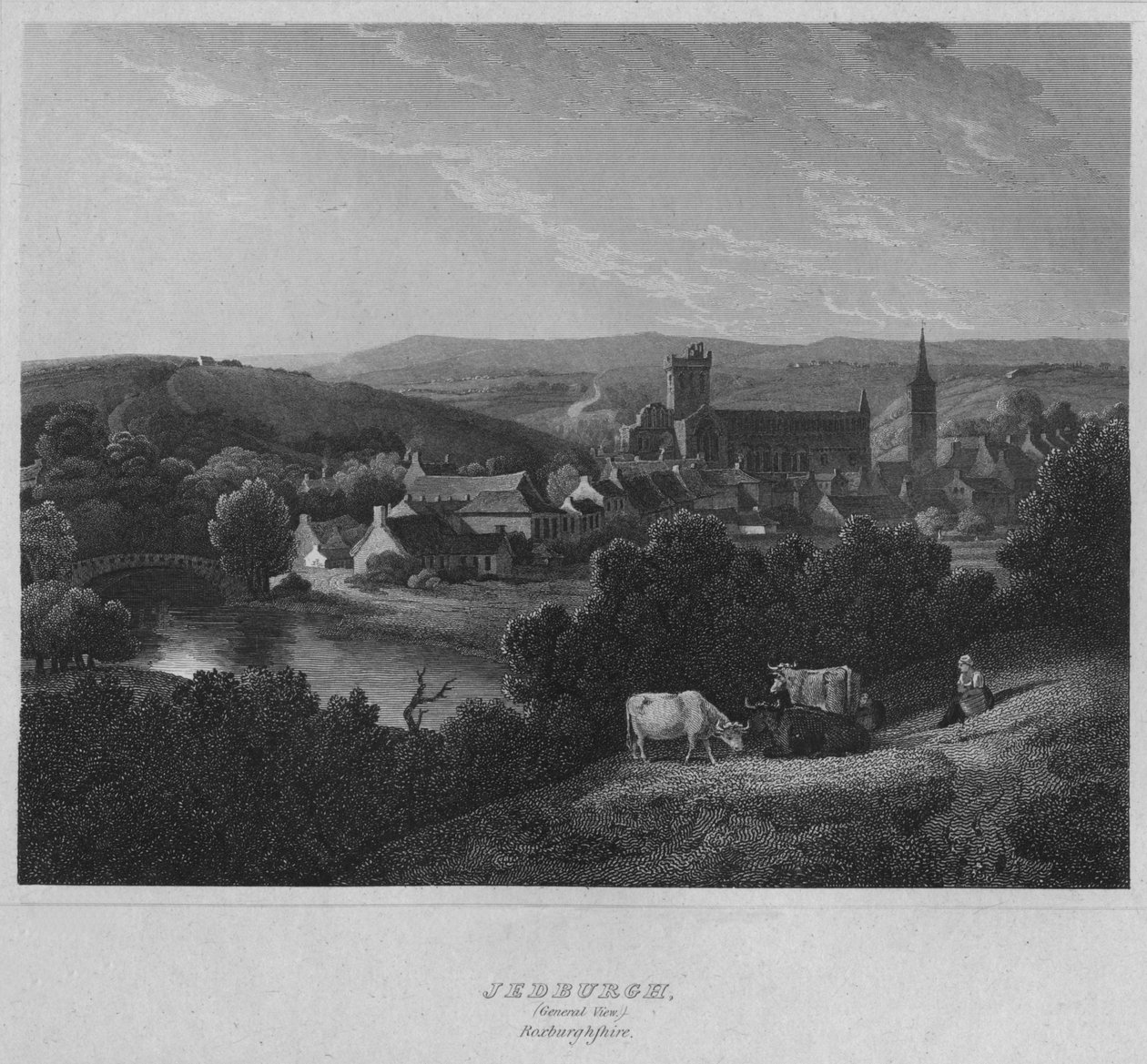 Jedburgh, yleinen näkymä. Roxburghshire, 1814 tekijältä John Greig