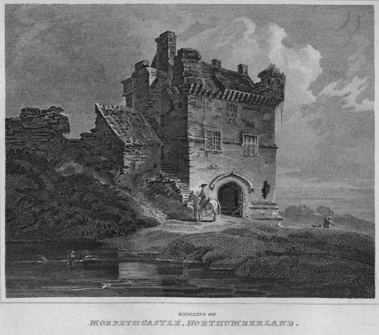 Morpethin linnan jäänteet, Northumberland, 1814 tekijältä John Greig