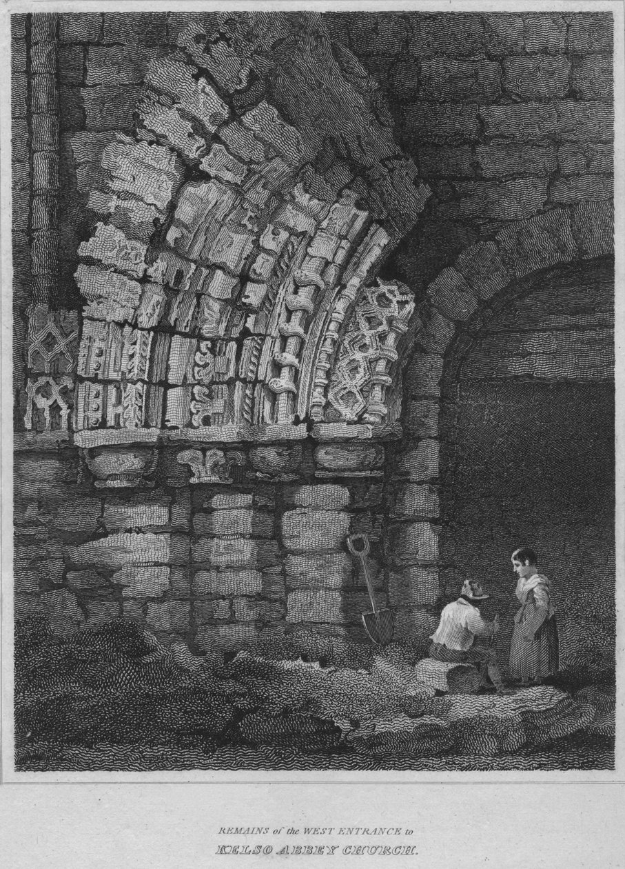 Kelso Abbey -kirkon läntisen sisäänkäynnin rauniot, 1814 tekijältä John Greig