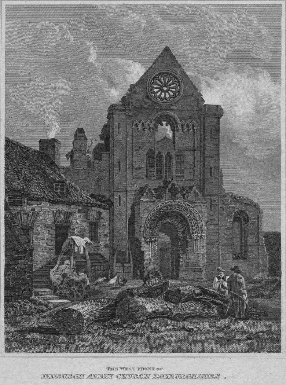 Jedburgh Abbey Church Roxburghshiren länsirintama, 1814 tekijältä John Greig