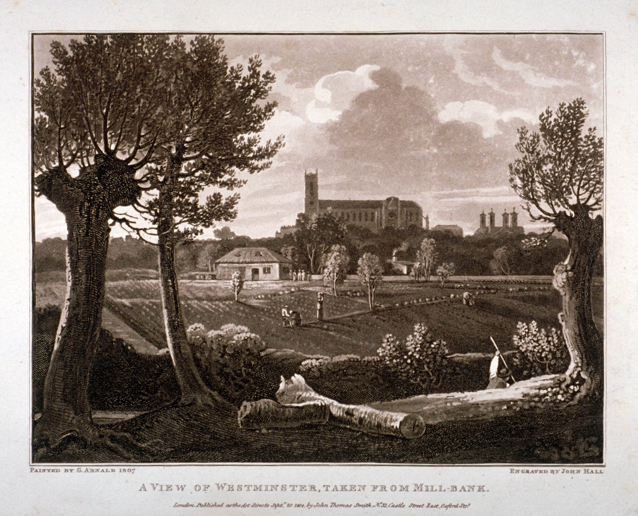 Näkymä Westminsteristä Millbankista, Lontoosta, 1807 tekijältä John Hall