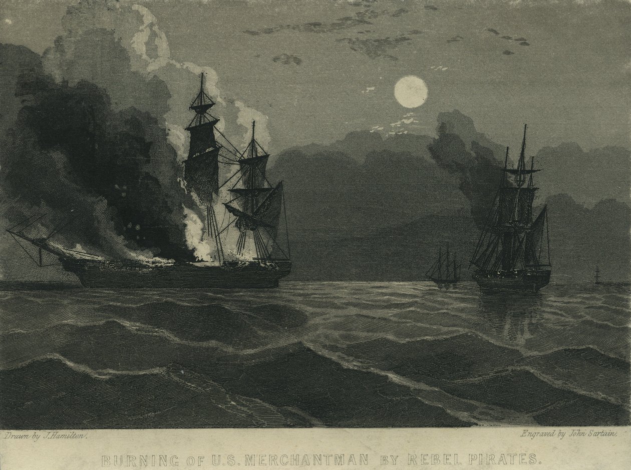 Kapinallisten merirosvojen polttama US Merchantman, 1865 tekijältä John Hamilton