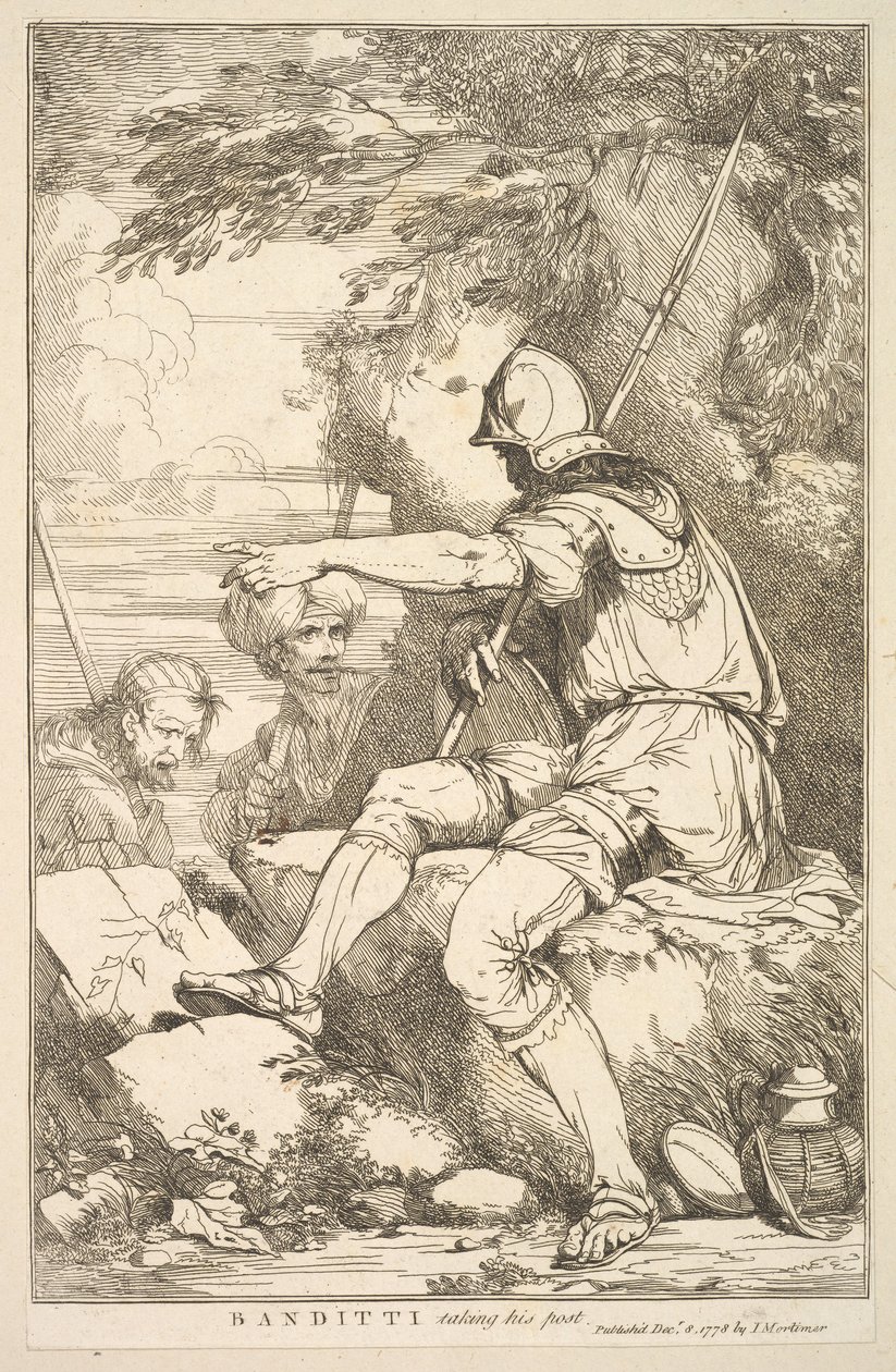 Banditti siirtyy virkaan viidestätoista Sir Joshua Reynolille omistetusta etsauksesta..., 8. joulukuuta 1778. tekijältä John Hamilton Mortimer