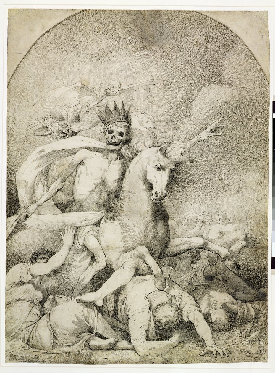 Kuolema vaalealla hevosella, n. 1775 (kynä ja musta muste kudospaperilla) tekijältä John Hamilton Mortimer