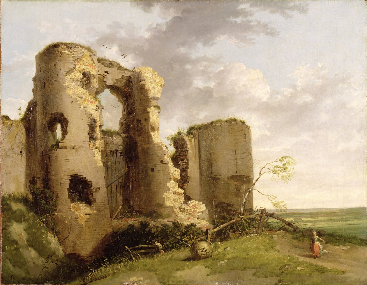 Näkymä Pevenseyn linnan länsiportille, Sussex, n. 1774 (öljy kankaalle) tekijältä John Hamilton Mortimer