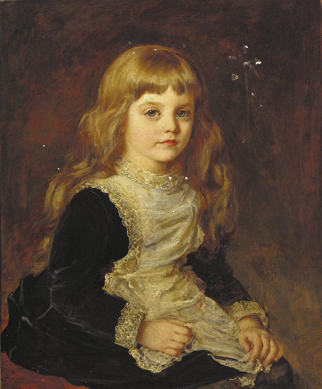 Sophie Beatrix Mary Cadoganin muotokuva, istuu kolme neljäsosaa, mustassa mekossa, jossa on pitsireunattu esiliina (öljy kankaalle) tekijältä John Hanson Walker