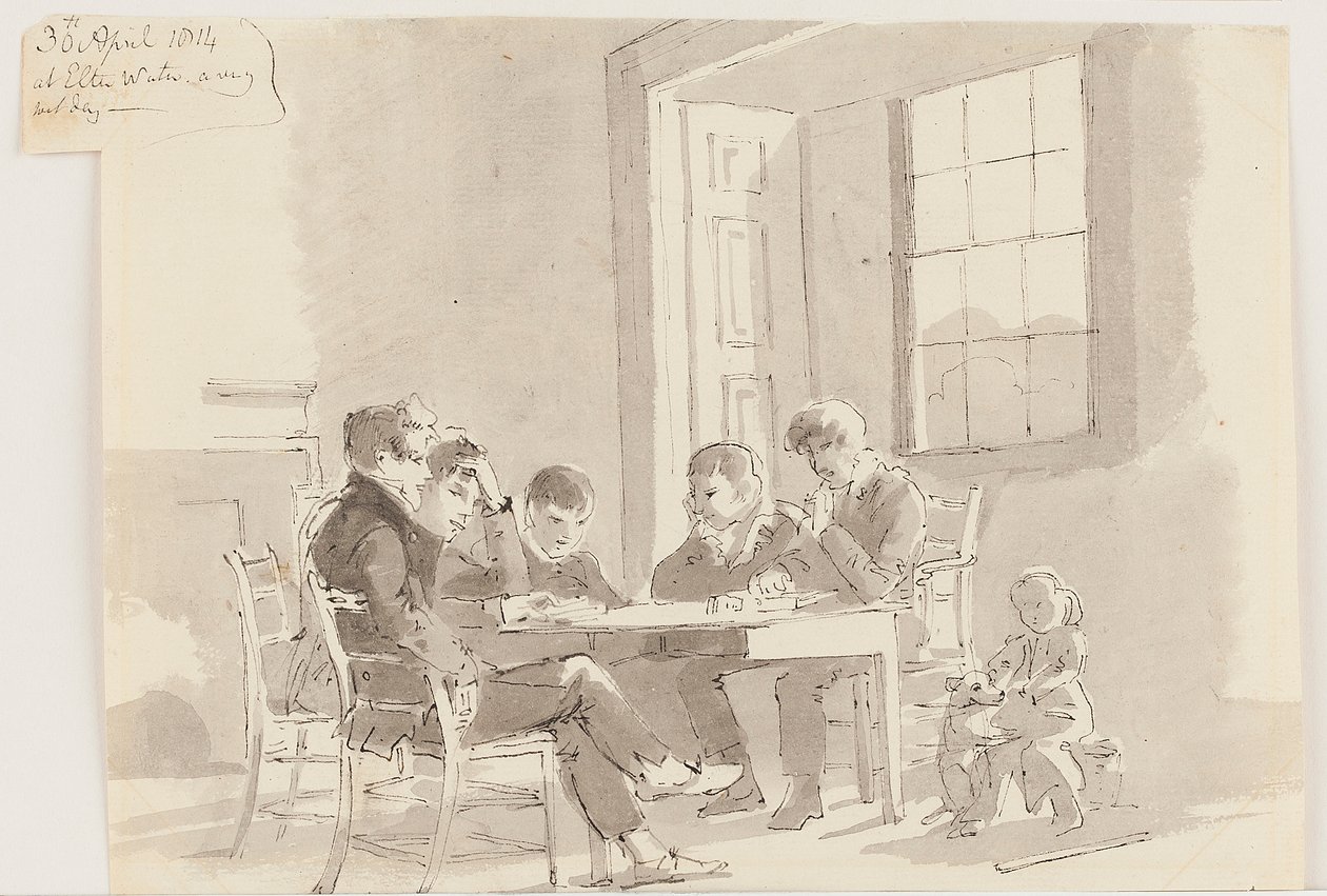 Pojat lukevat Storrsissa, Elterwaterissa, 1814 (kynä ja muste pesulla paperille) tekijältä John Harden